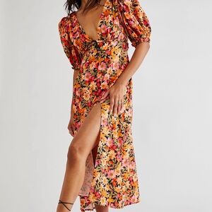For Love And Lemons Laureen Orange and Pink Floral Midi Dress